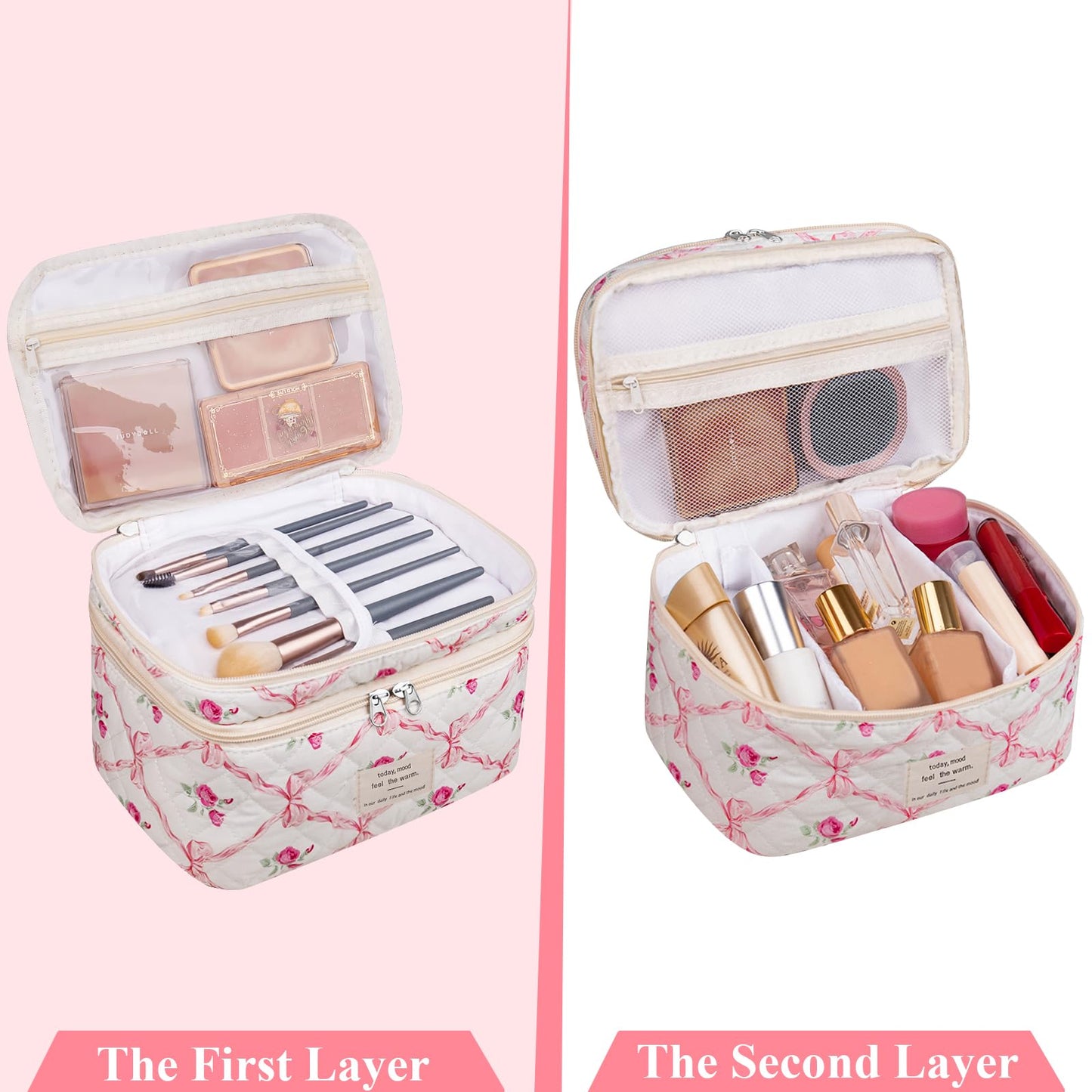 Bolsa de maquillaje, bolsa de cosméticos grande para mujeres y niñas, lindas bolsas de maquillaje acolchadas, bolsa de aseo estética de coqueta floral, bolsa organizadora de maquillaje de viaje (lazo