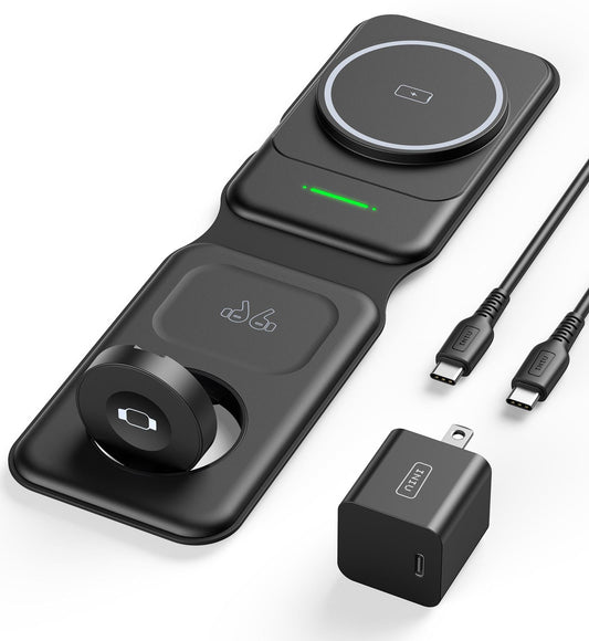 INIU 3 en 1 Cargador inalámbrico, Magnetic Foldable Wireless Charger Certificación Qi Rápido Soporte Phone Carga 20W Cargador para iPhone 15 14 13 12 Series, AirPods iWatch 7 6 5 4 3 2 1 Pro