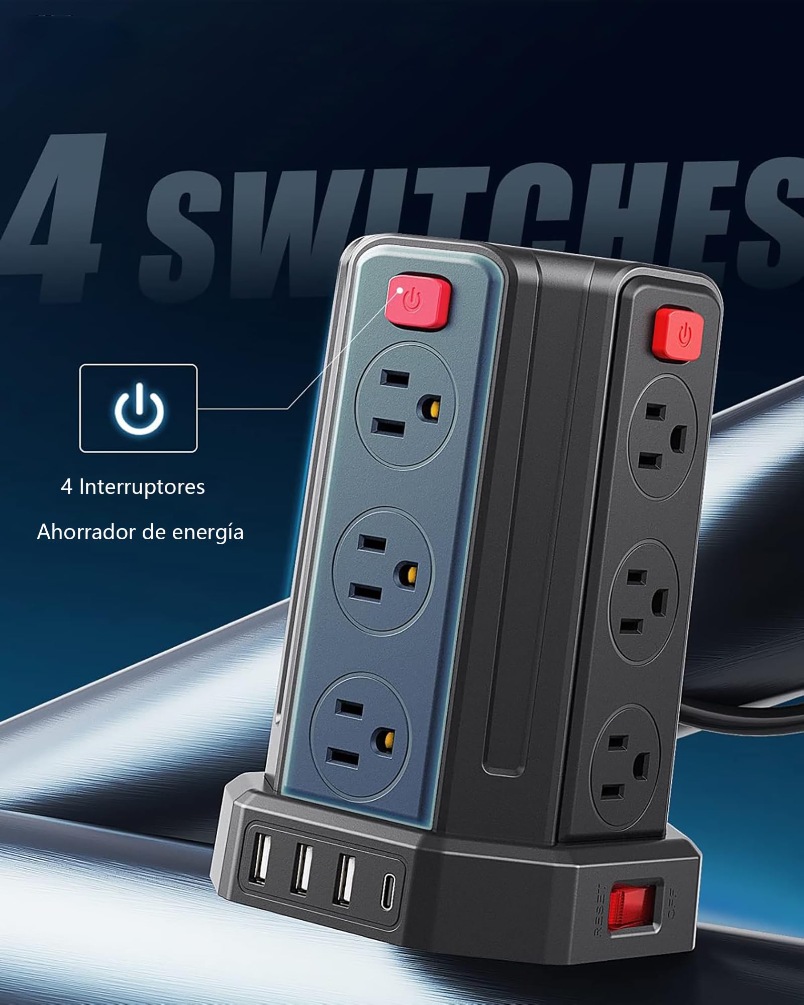 SMALLRT Torre Regleta Multicontacto Pared con 1700J Protector contra Sobretensión, Extension Electrica 3.04M, Conector Multiple con 12 Enchufes y 4 Puertos USB (1 USB C), Hogar Dorm Oficina, Negro