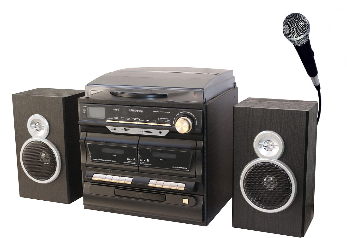 TechPlay Karaoke habilitado, 30 W RMS, placa giratoria clásica retro, NFC Bluetooth, reproductor de cassette/grabadora doble, reproductor de CD MP3, puertos SD USB, reloj despertador digital AM/FM y