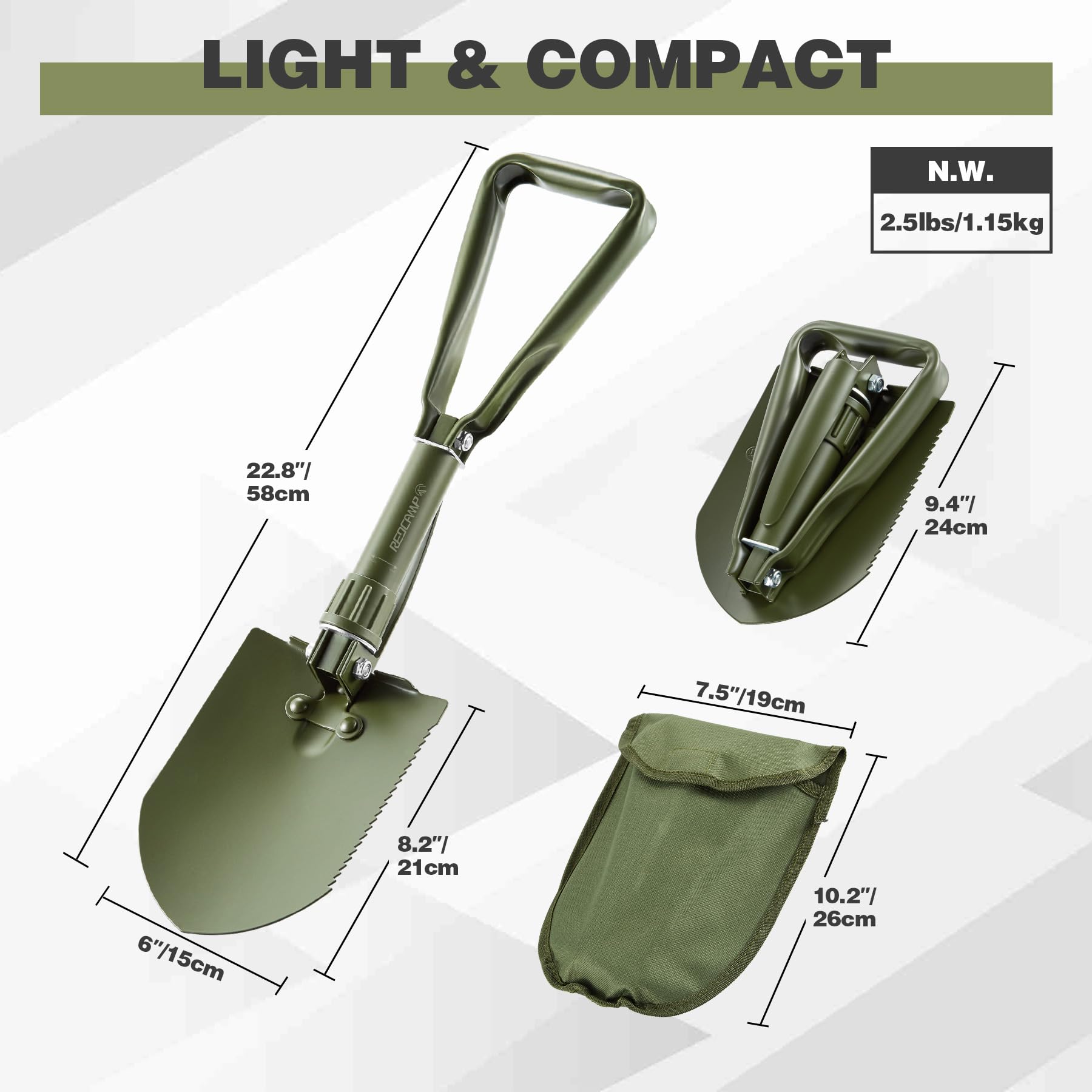 Pala de Camping REDCAMP Verde Militar Plegable con Mango Triple para Senderismo