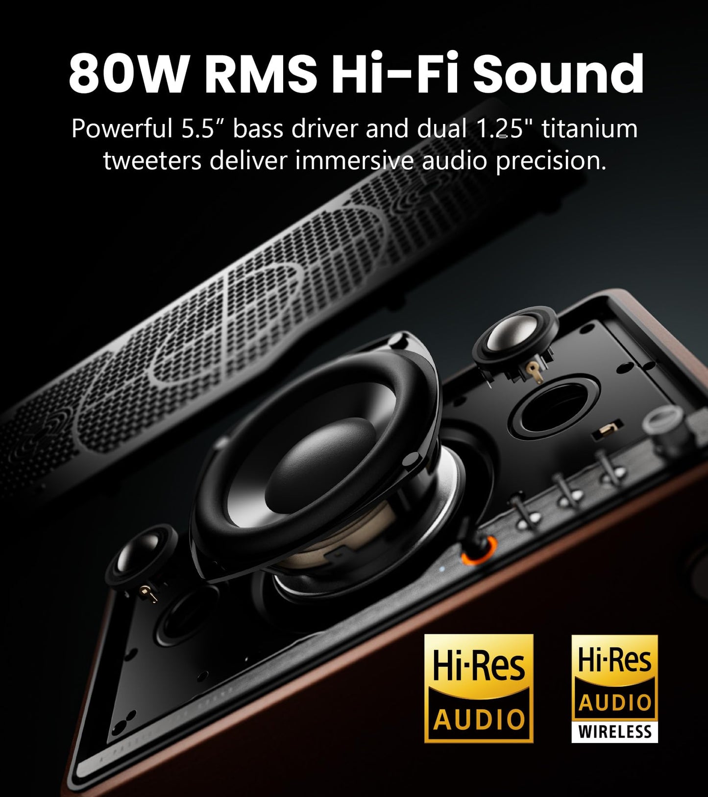 Edifier S300 Altavoz Retro de Mesa, Audio Hi-Res con Cable y Inalámbrico, Potencia 80W (RMS), Bluetooth 5.4 Multipunto, WiFi Multihabitación (AirPlay 2), Entradas AUX y USB-C, Marrón