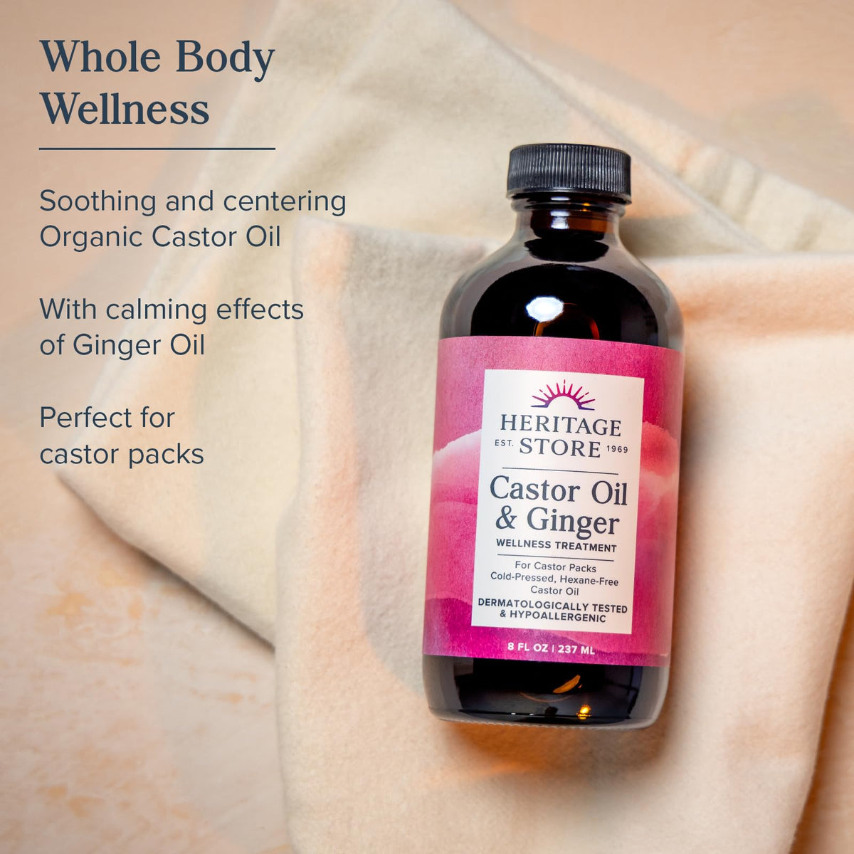 HERITAGE STORE Aceite De Ricino Y Jengibre - Compresa Térmica De Aceite De Ricino Orgánico Prensado En Frío - Para El Abdomen, Las Articulaciones Y El Bienestar General Con Jengibre Calmante - Hipoale