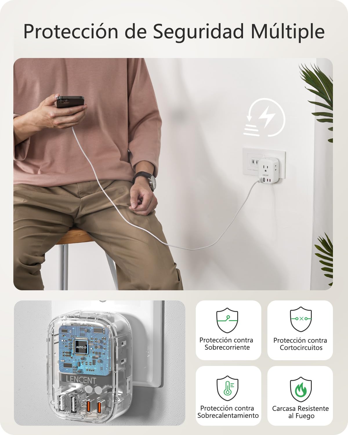 LENCENT 1X Adaptador de Enchufe Americano Tipo A, Adaptador de 3 a 2 Clavijas con Enchufe Polarizado, Cargador con 4 Salidas CA&4 USB (2 USB C), Extensor de Enchufe de 2 Clavijas sin Toma de Tierra