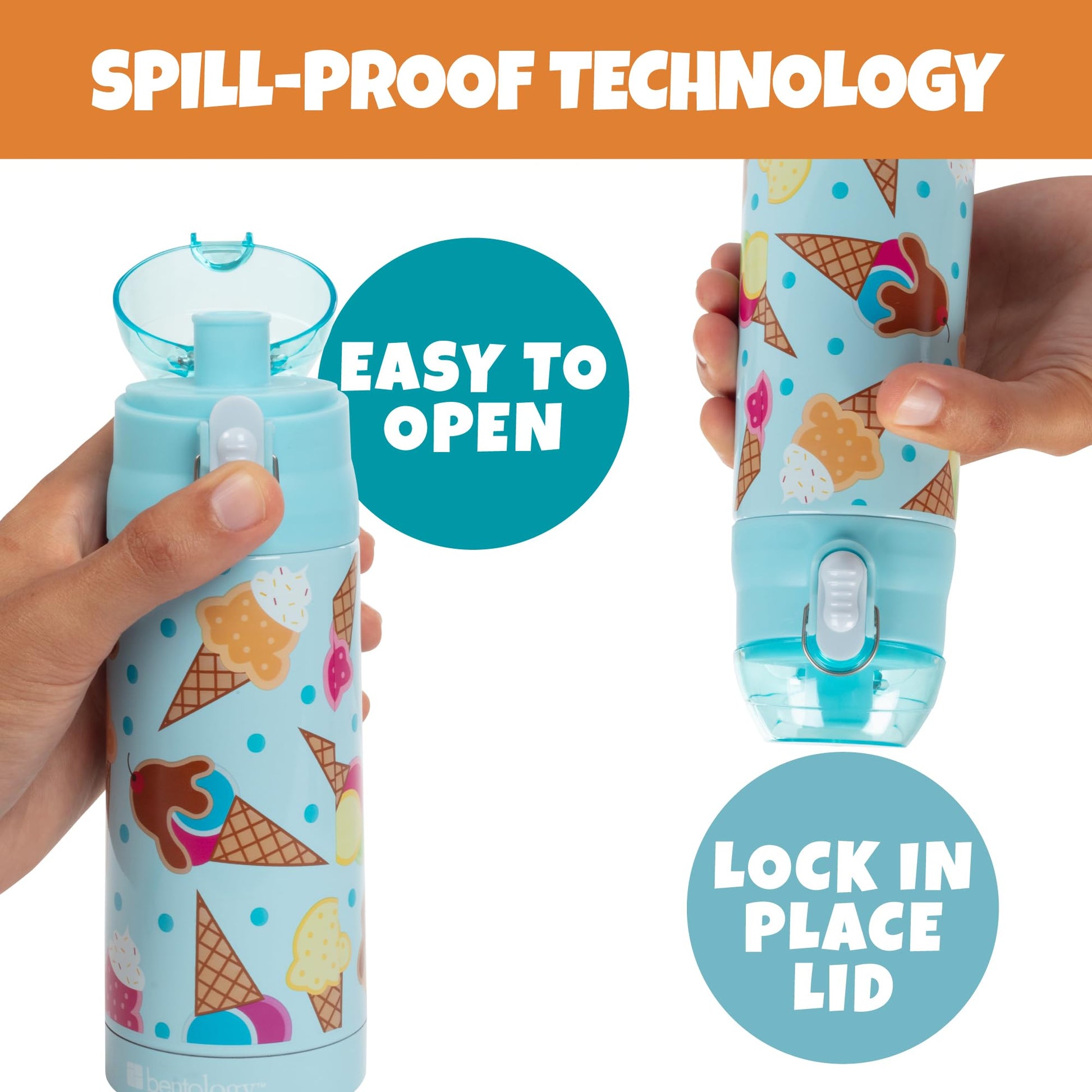 Bentology - Botella de agua aislada de acero inoxidable para niñas, 384 ml, fácil de usar, reutilizable, a prueba de derrames, sin BPA, mantiene el frío por horas, a prueba de fugas, diseño de helados
