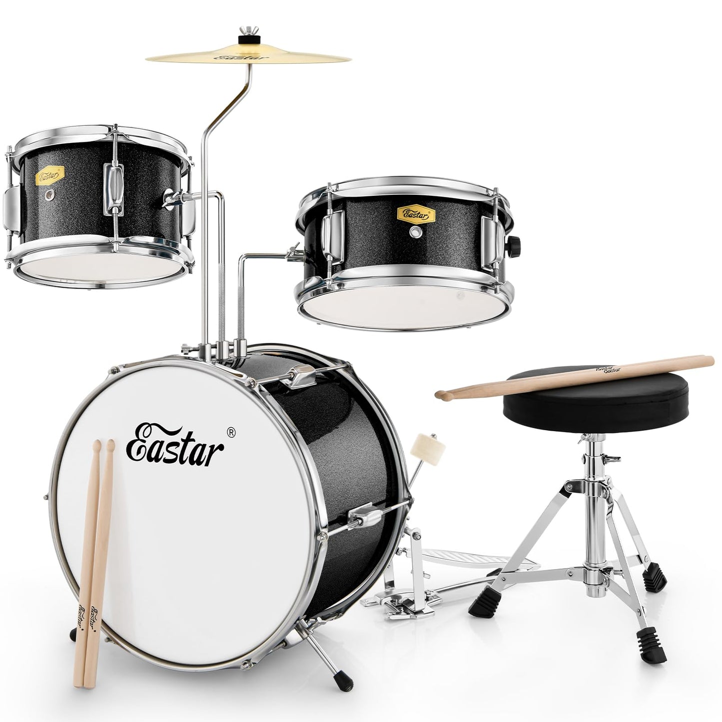 Eastar EDS-180B - Juego de 3 tambores infantiles con trono, platillo, pedal y baquetas, color negro metalizado