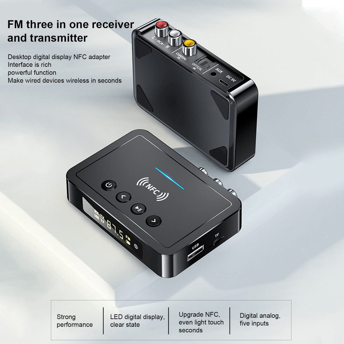 Receptor Transmisor Bluetooth 5.0 NFC Adaptador 3 en 1 Audio Negro para PC y TV