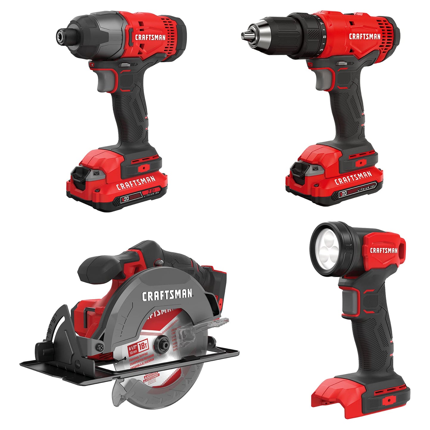 CRAFTSMAN Kit de Herramientas 20V Inalámbricas con Taladro Atornillador Sierra Circular Atornillador de Impacto y Linterna con 2 Baterias CMCK401D2