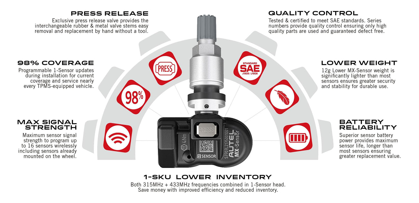 Autel MaxiTPMS MX - Sensor 8 unidades de tallo de metal 315/433MHz TPMS Sensor universal de neumáticos programado por TPMS Tool TS401 TS408 TS501 TS508 TS601 TS608 MK808TS MX808TS MS906TS ITS600