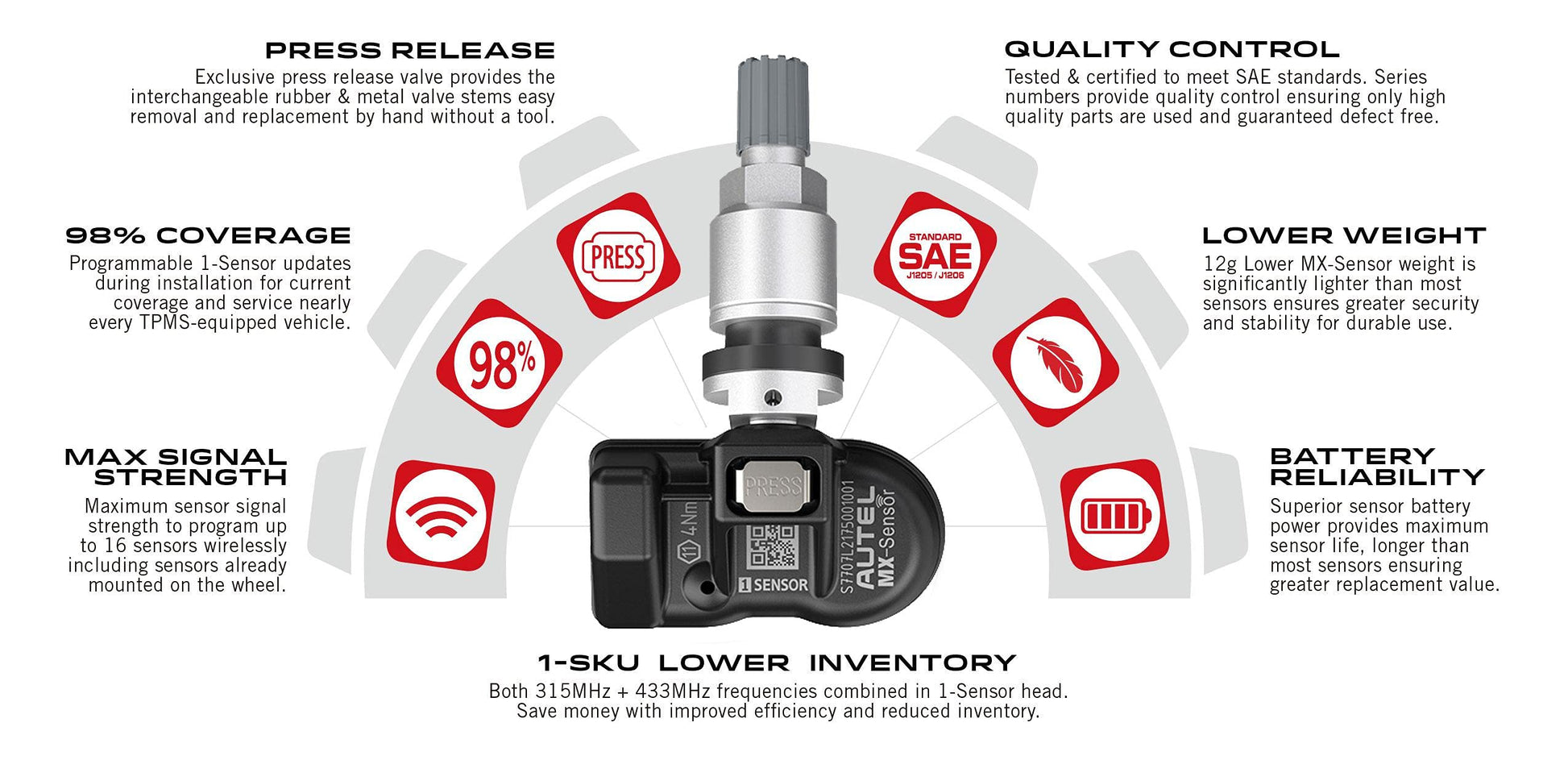 Autel MaxiTPMS MX - Sensor 8 unidades de tallo de metal 315/433MHz TPMS Sensor universal de neumáticos programado por TPMS Tool TS401 TS408 TS501 TS508 TS601 TS608 MK808TS MX808TS MS906TS ITS600