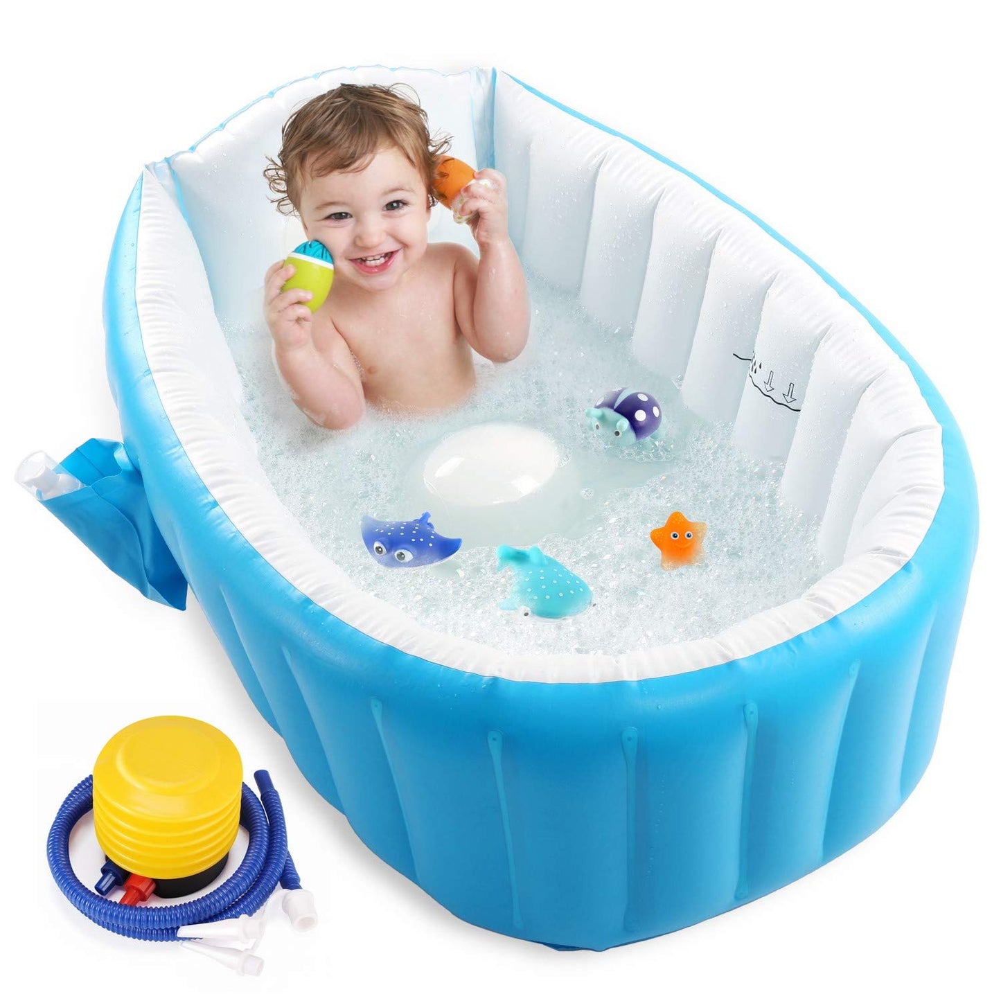 Bañera inflable para bebé, tina de viaje antideslizante portátil para niños pequeños, alberca gruesa plegable para baño con bomba de aire, azul