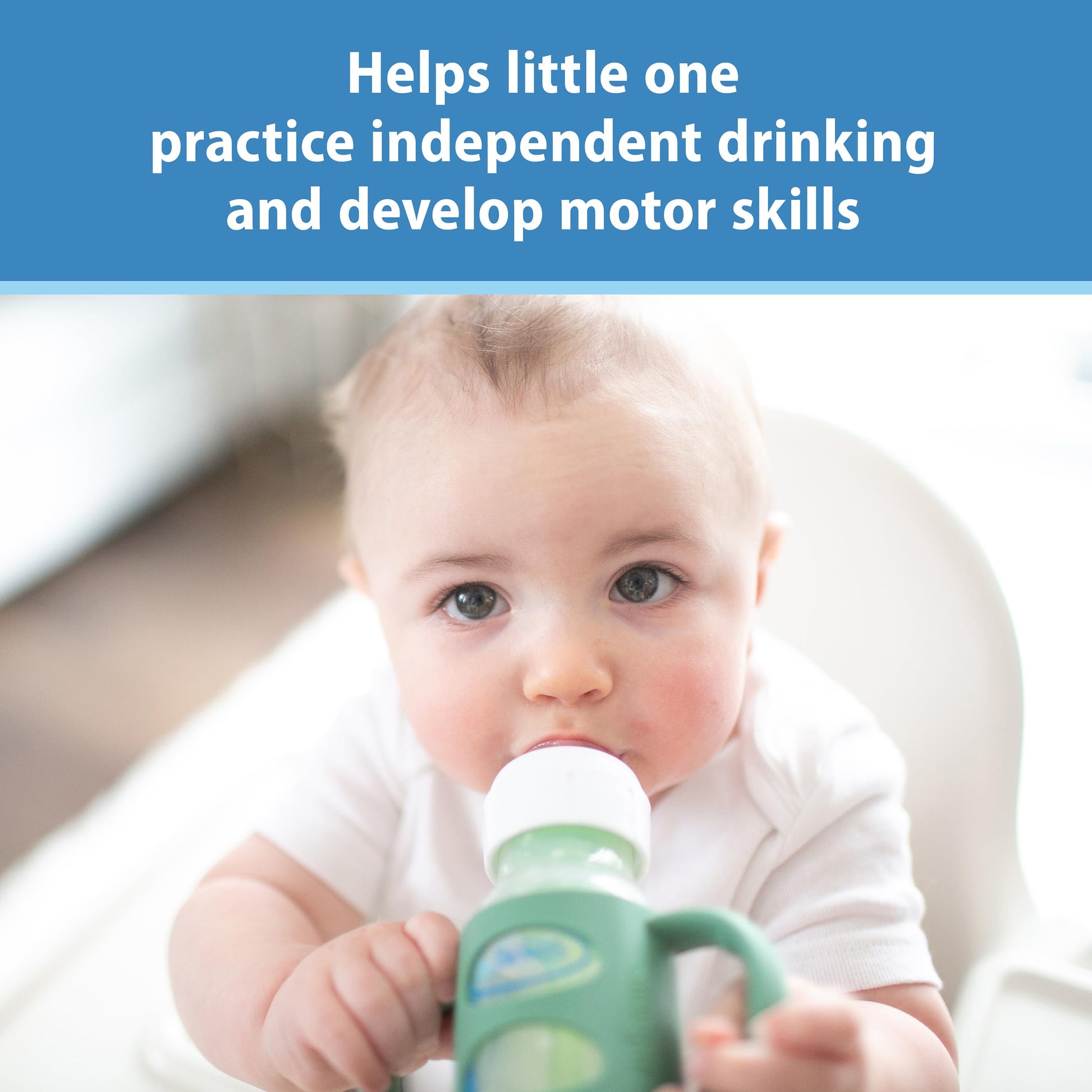 Dr. Brown's Milestones - Botella de transición estrecha con asas de silicona de 8 onzas, 250 ml, 6 m, color verde y gris, paquete de 2