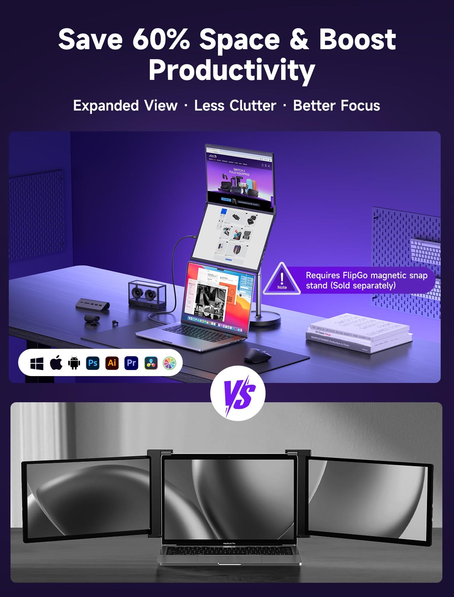 JSAUX FlipGo 16" Pro Monitor Portátil de Doble Pantalla 2.5K, Extensor de Triple Pantalla para Portátiles/DisplayLink/Un Cable para Doble Pantalla IPS/Diseño Magnético para Windows, Linux, MacOS.