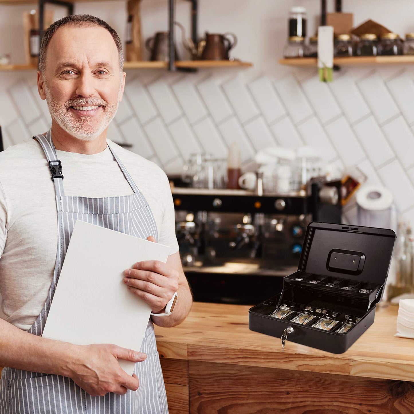 Caja de Efectivo XY-Firestar Negra con Llave y Bandeja para Billetes