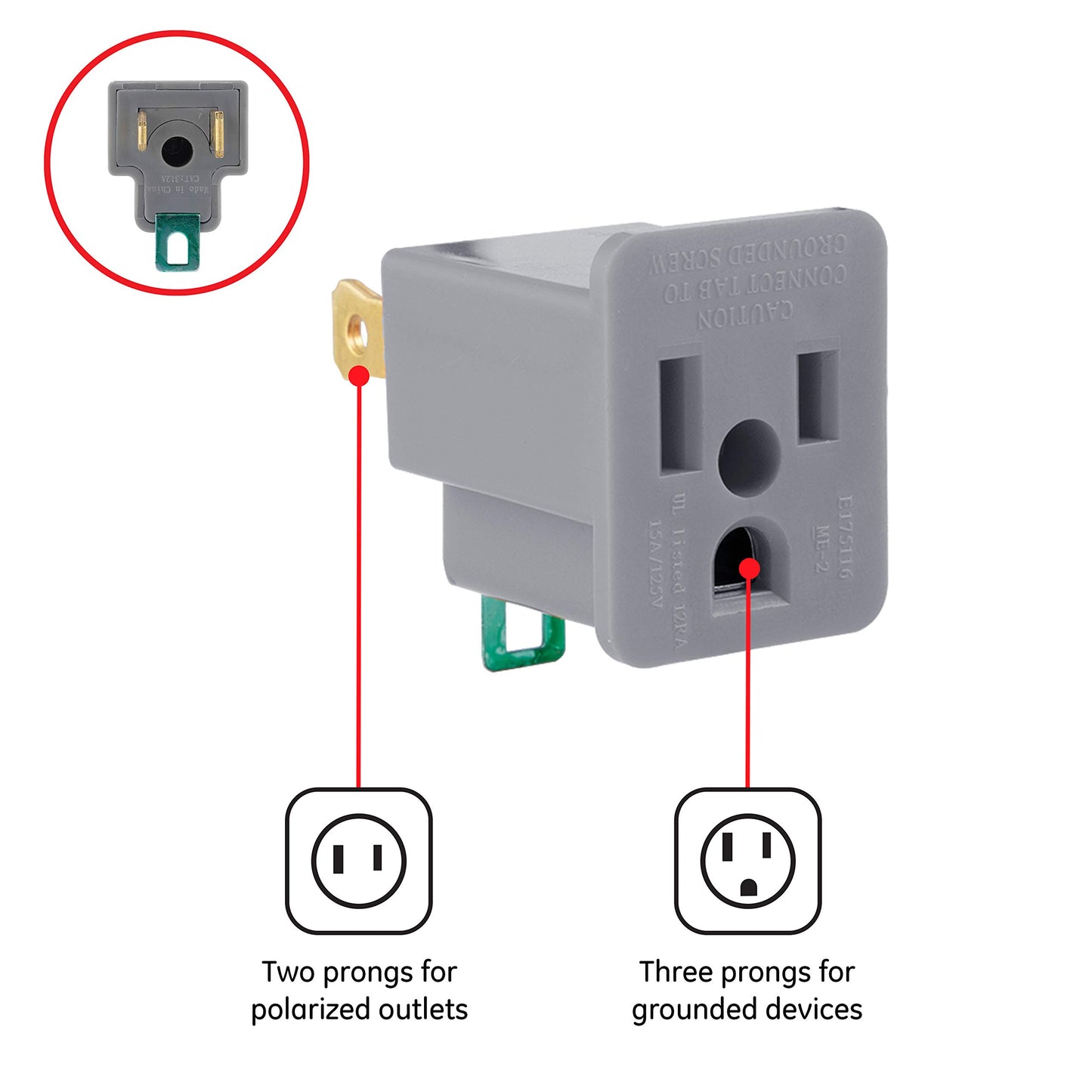GE Extensor de toma de tierra polarizado, paquete de 2, convierte 2 puntas en 3, fácil de instalar, interior, con certificación UL, gris, 54302