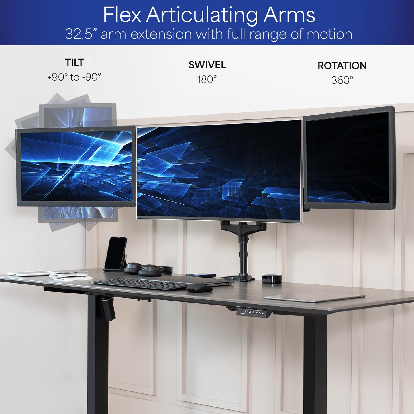 Soporte de Monitor Triple Vivo Negro ajustable para 3 Pantallas de hasta 32 Pulgadas
