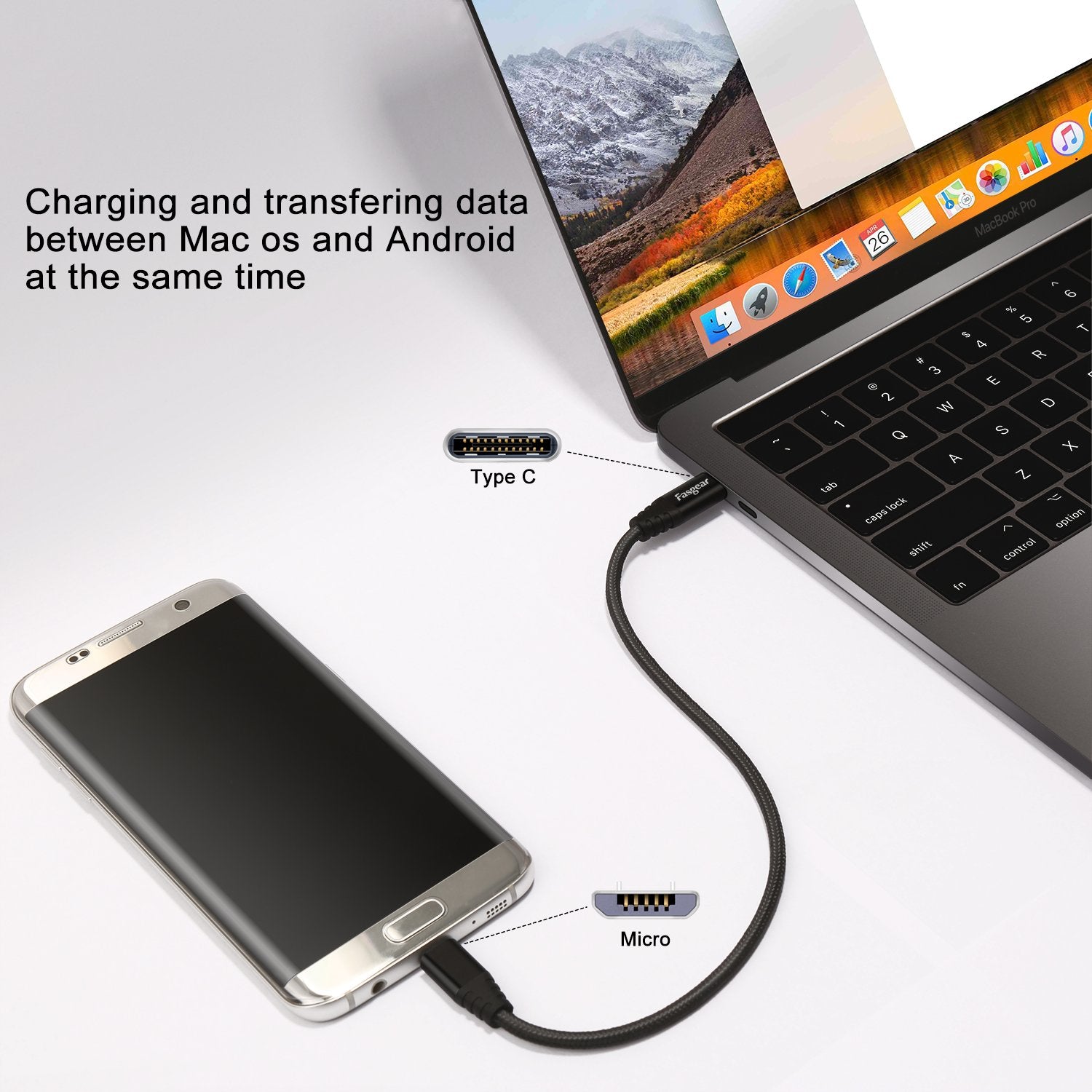 Cable USB C a Micro USB Fasgear Negro de Nailon Trenzado 1 m Compatible con Galaxy S7/S6 y HTC