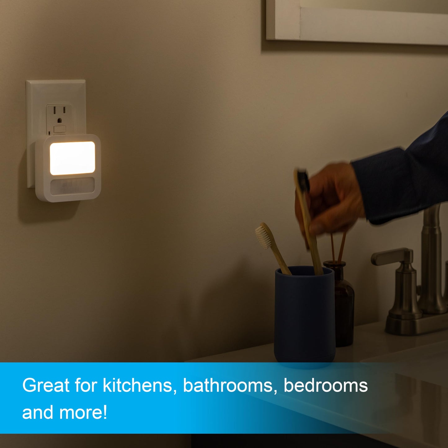 GE Luz Nocturna LED, Blanca Con Sensor De Movimiento Y Luz, 20 Lúmenes, Certificacion-UL, Moderna Ideal Para Sala De Estar, Baño, Dormitorio, Guardería, 1 Pieza, 40865