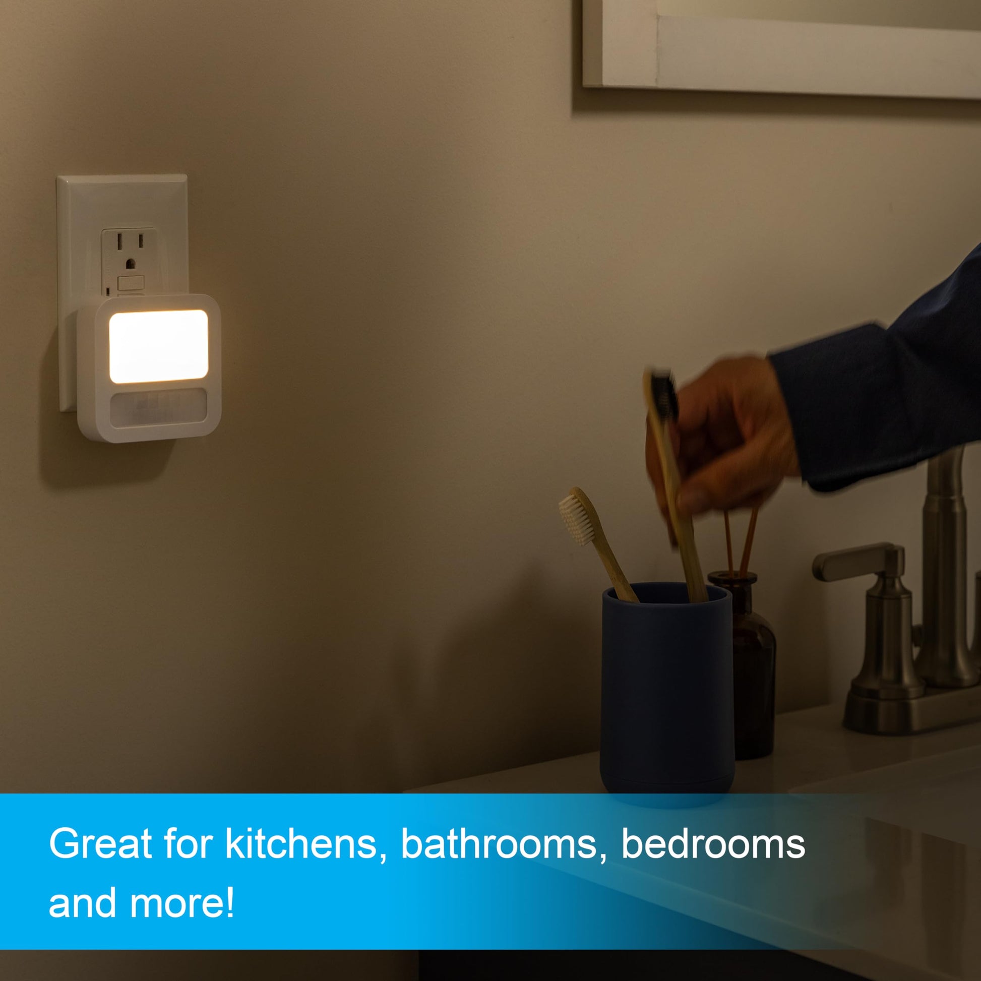 GE Luz Nocturna LED, Blanca Con Sensor De Movimiento Y Luz, 20 Lúmenes, Certificacion-UL, Moderna Ideal Para Sala De Estar, Baño, Dormitorio, Guardería, 1 Pieza, 40865