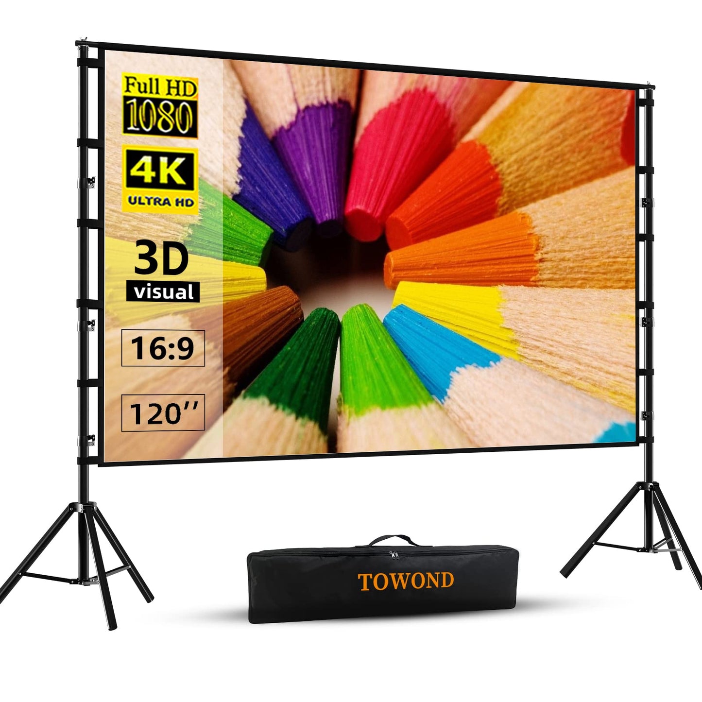 TOWOND - Pantalla de proyección y soporte, pantalla de proyección de 120 pulgadas para exteriores, pantalla de película portátil 16:9 4K HD delantera trasera con diseño sin arrugas y bolsa de