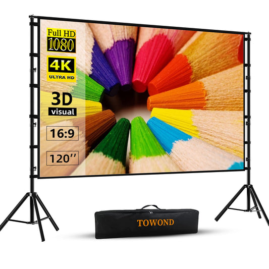 TOWOND - Pantalla de proyección y soporte, pantalla de proyección de 120 pulgadas para exteriores, pantalla de película portátil 16:9 4K HD delantera trasera con diseño sin arrugas y bolsa de