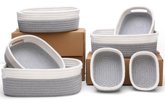 HLWDFLZ - Juego de 7 cestas tejidas de cuerda de algodón – Cesta pequeña para guardería de bebé, mascotas, Montessori, cajas de juguetes para perros y gatos, cubos de organización de baño