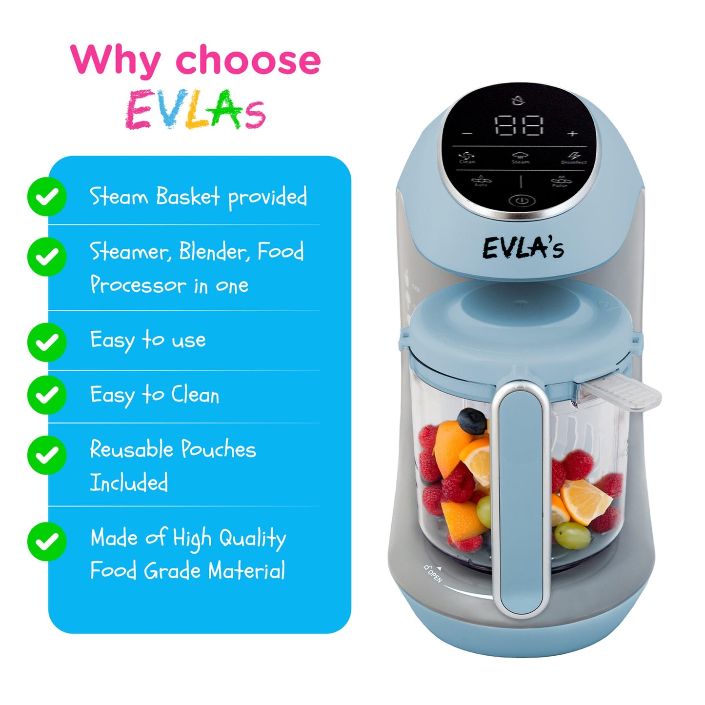 EVLA'S - Máquina para hacer alimentos para bebés, vaporizador, licuadora, procesador de alimentos para bebés para alimentos saludables caseros en minutos, visualización táctil con 6 bolsas de