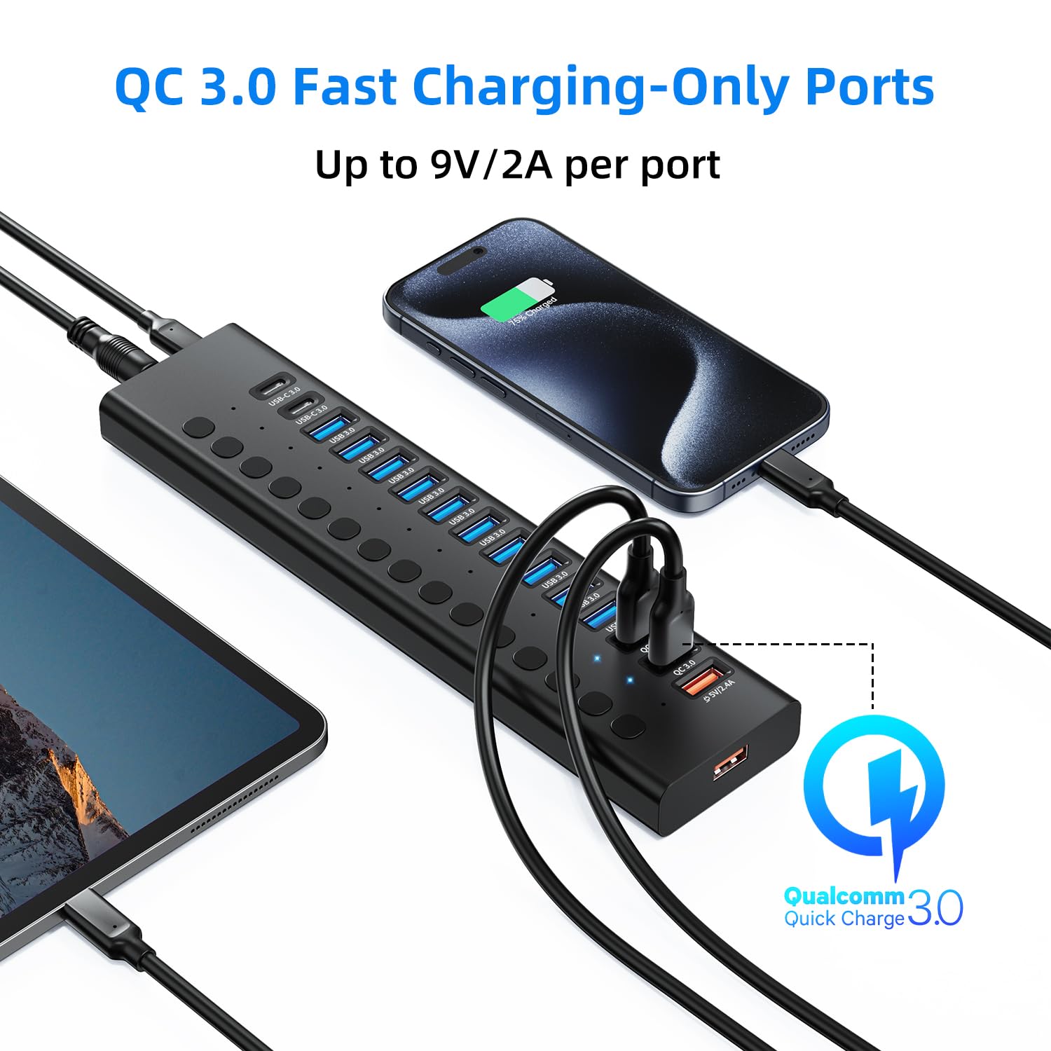 Hub USB 3.0 con alimentación, divisor de concentrador USB C de 16 puertos (10 USB 3.0+2 QC 3.0+2 carga inteligente +2 USB-C 3.0) con interruptores individuales, adaptador de corriente certificado UL