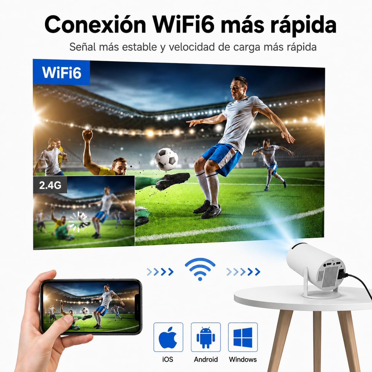 IQ Tech Mini proyector portátil, Compatible con 4K 1080P con Doble Banda WIFI6 5G inalámbrico 5.0 Bluetooth Android 11, rotación de 180°, corrección automática Keystone, proyector de Video de