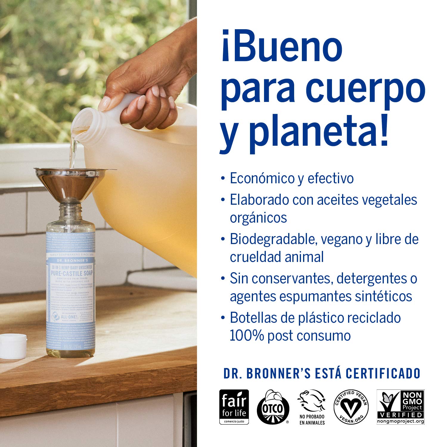 Dr. Bronner's | Jabón de castilla orgánico, fórmula concentrada, ideal para bebés, piel atópica, con psoriasis o dermatitis, biodegradable - Sin Aroma 3.8 L