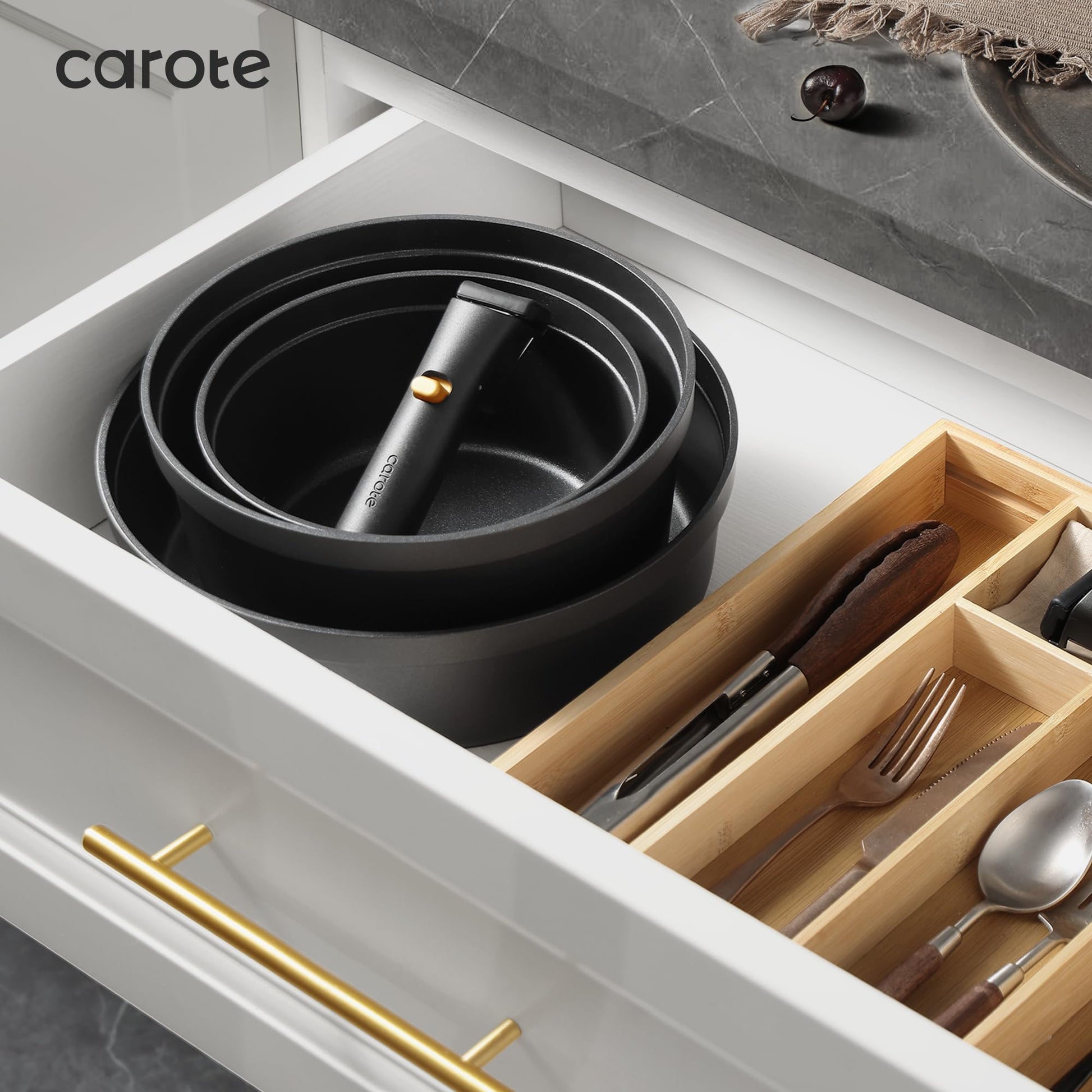 CAROTE - Juego de 20 ollas y sartenes antiadherentes, aptos para lavavajillas, horno y refrigerador, mango extraíble, utensilios de cocina aptos para horno RV, juego de cocina de inducción, negro