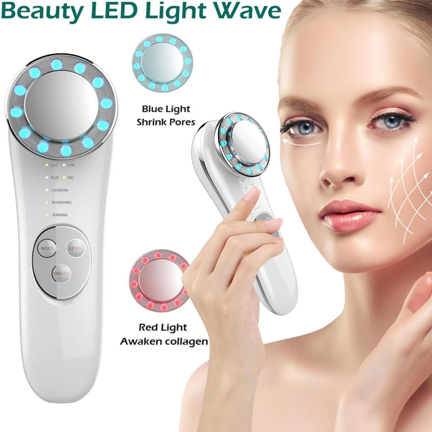 Masajeador Facial Eléctrico, Facial Aparato Radiofrecuencia, 7 en 1 Aparato Facial Ultrasonido, Fototerapia De Luz Roja Y Azul Calor, Anti-Envejecimiento, Limpieza Profunda, Cuidado Facial
