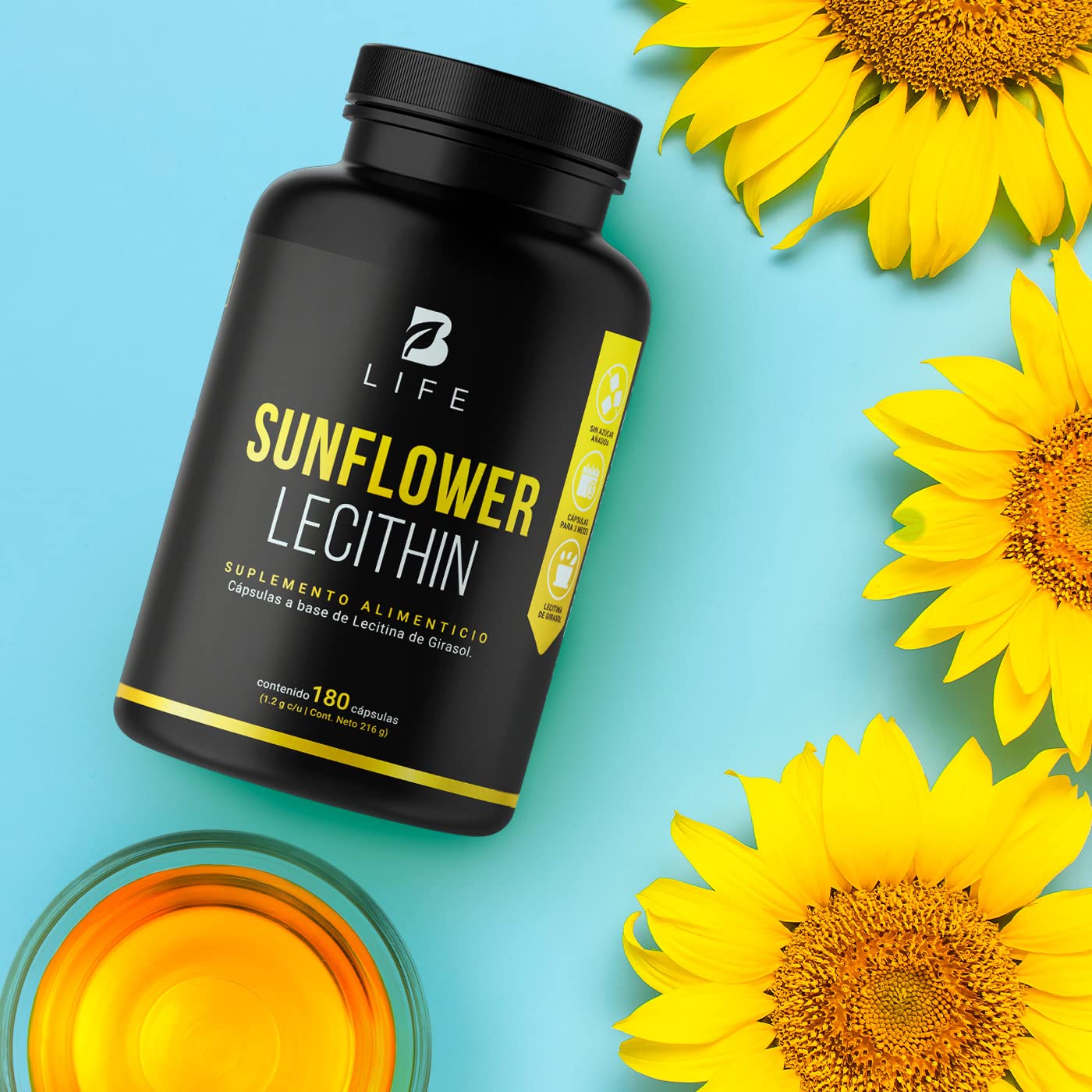 Lecitina de Girasol 180 Cápsulas Blandas 1200 mg. Ingredientes naturales. Sunflower Lecithin B Life.