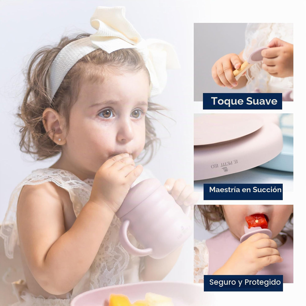 Le Petit Leo - Juego de alimentación de silicona para bebé, suministros completos para destete con baberos de silicona, placas de ventosa, ventosa, taza para beber, cuchara y tenedor, utensilios para niños pequeños (cielo del bebé)