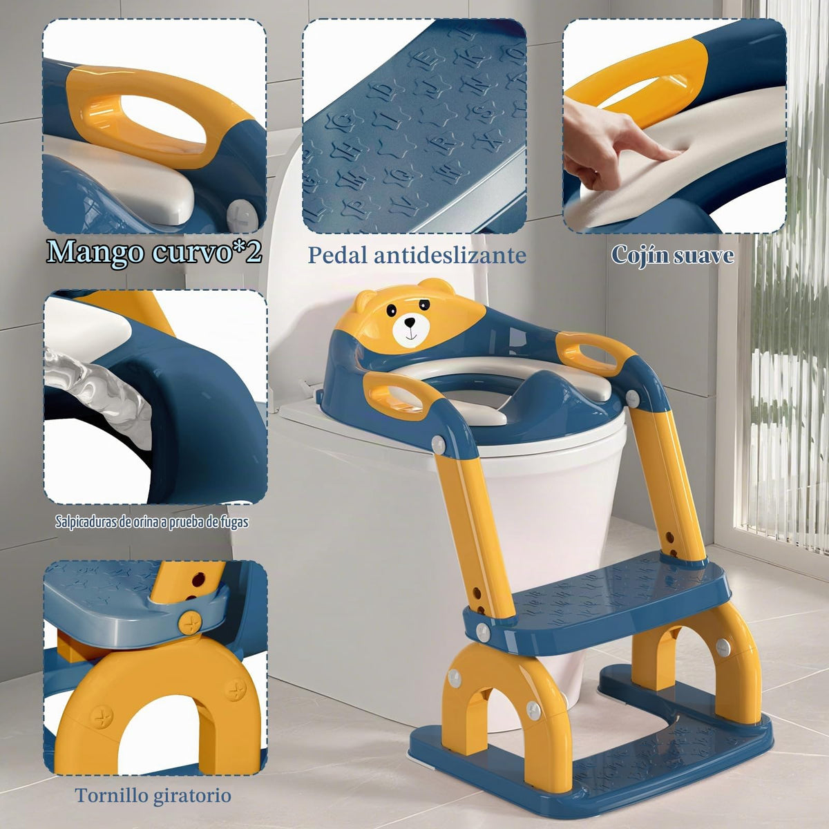CUXFLS - Asiento de entrenamiento para ir al baño con escalera para niños pequeños, inodoro ajustable 2 en 1 para niños y niñas con protector contra salpicaduras, cojín impermeable, taburete