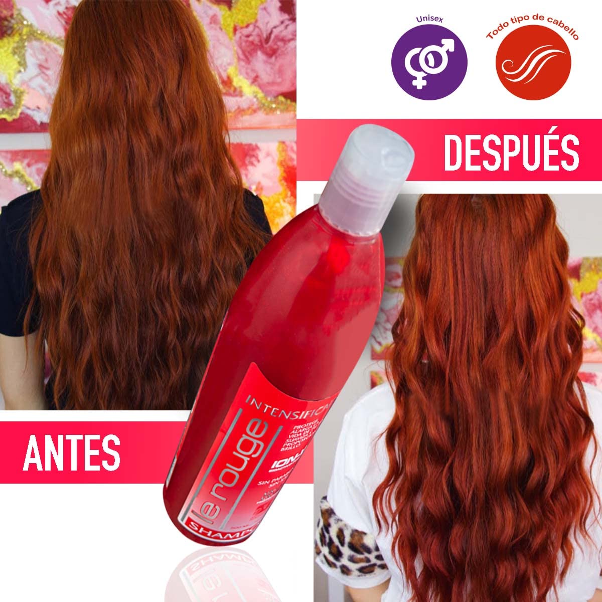 D'Conde Shampoo Matizador Intensificador Rojo Le Rouge sin Sales ni Parabenos, Cuidado y Limpieza del Cabello Teñido, Prolonga la Duración del Tinte, da más Color y Brillo a los Tintes Pelirrojos 500ml.