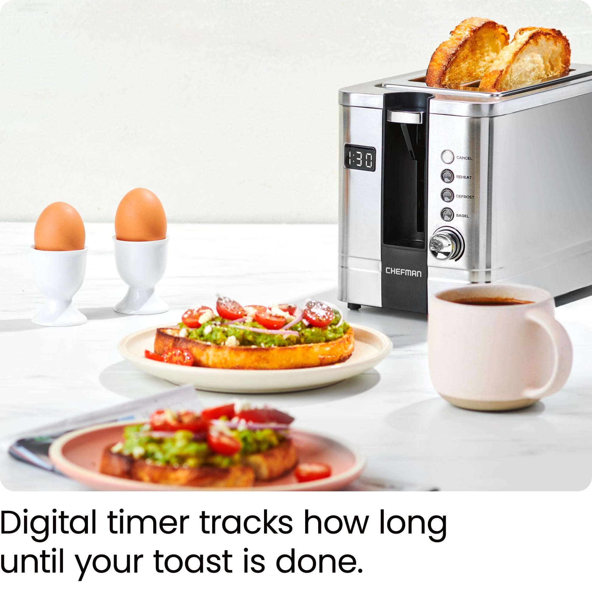 Chefman tostador digital de 2 rebanadas, pop-up, acero inoxidable, ranuras extra anchas para bagels, descongelar, recalentar, funciones de cancelación, bandeja extraíble para migas