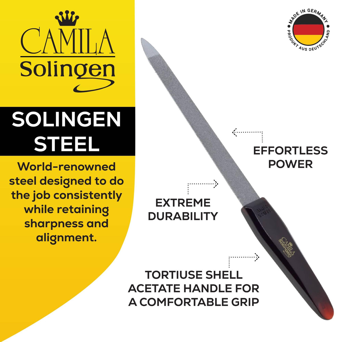 Camila Solingen CS18 7" Large Professional Sapphire Metal Nail File Pointed for Fingernail and Toenail Care. Double Sided Coarse Fine for Manicure/Pedicure. Made of Stainless Steel, Solingen Germany