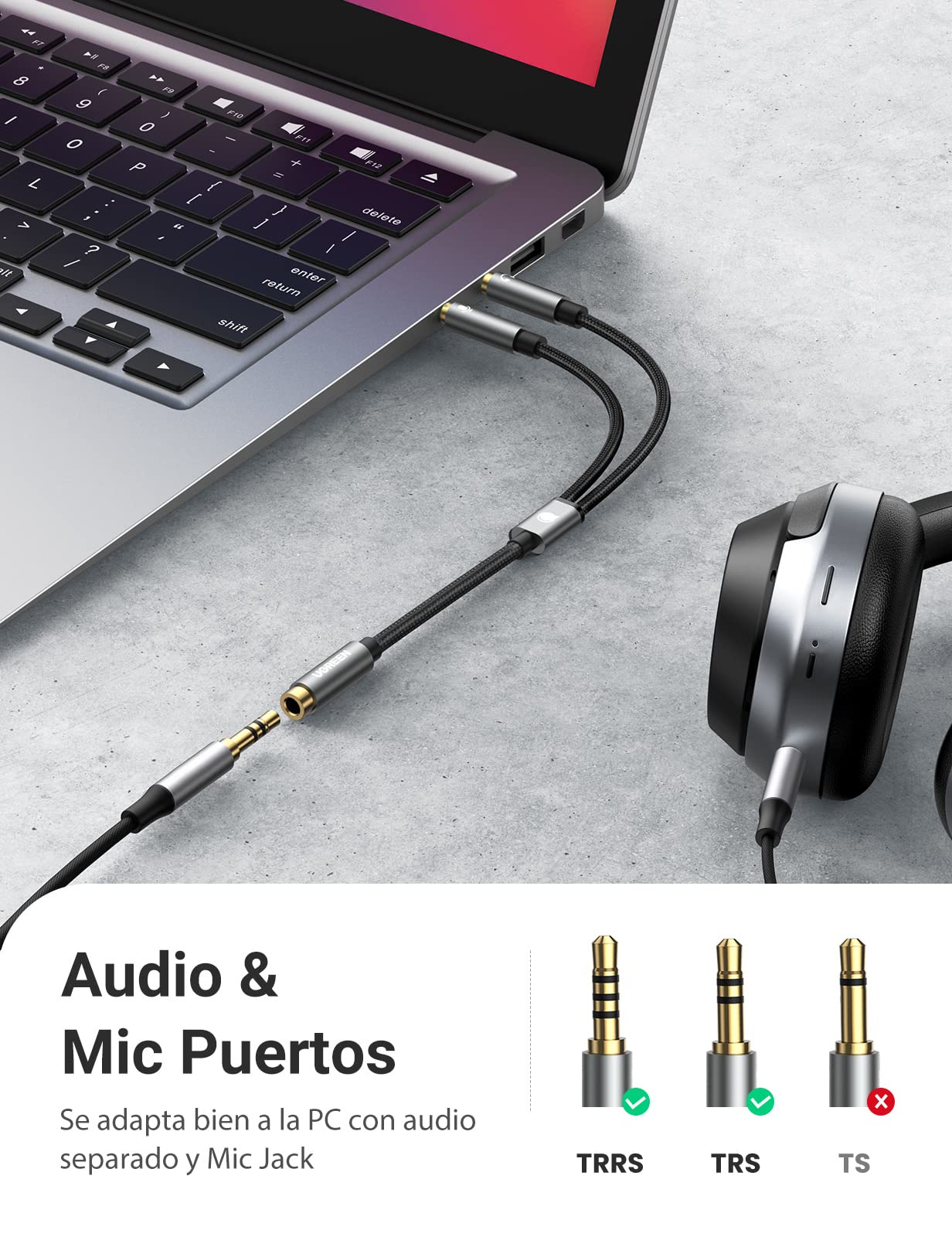 UGREEN Cable de Divisor de 2 Clavijas de Auricular/Micrófono Separadas 3.5mm Macho a Mic y Audio 3.5mm Hembra para Auriculares, Carcasa de Aluminio (Gris)