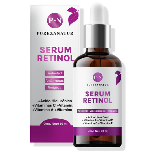 PUREZA NATUR Serum Retinol + Vitaminas A, B5, E, C + Acido hialuronico facial hidratante y reparador | Suero Reductor de líneas de expresión e imperfecciones en la piel 50ml