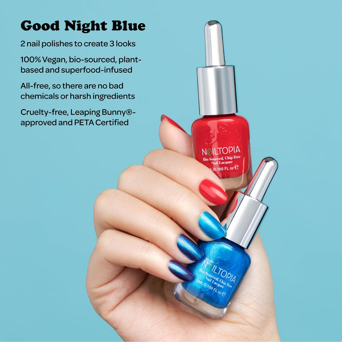 Nailtopia Good Night Blue: 2 Bottles, 3 Looks - All Natural, Vegan, Strengthening Biotin and Superfood-Infused Polish - Chip Resistant Formula - Quick-Dry, Long Lasting Wear - 2 pc