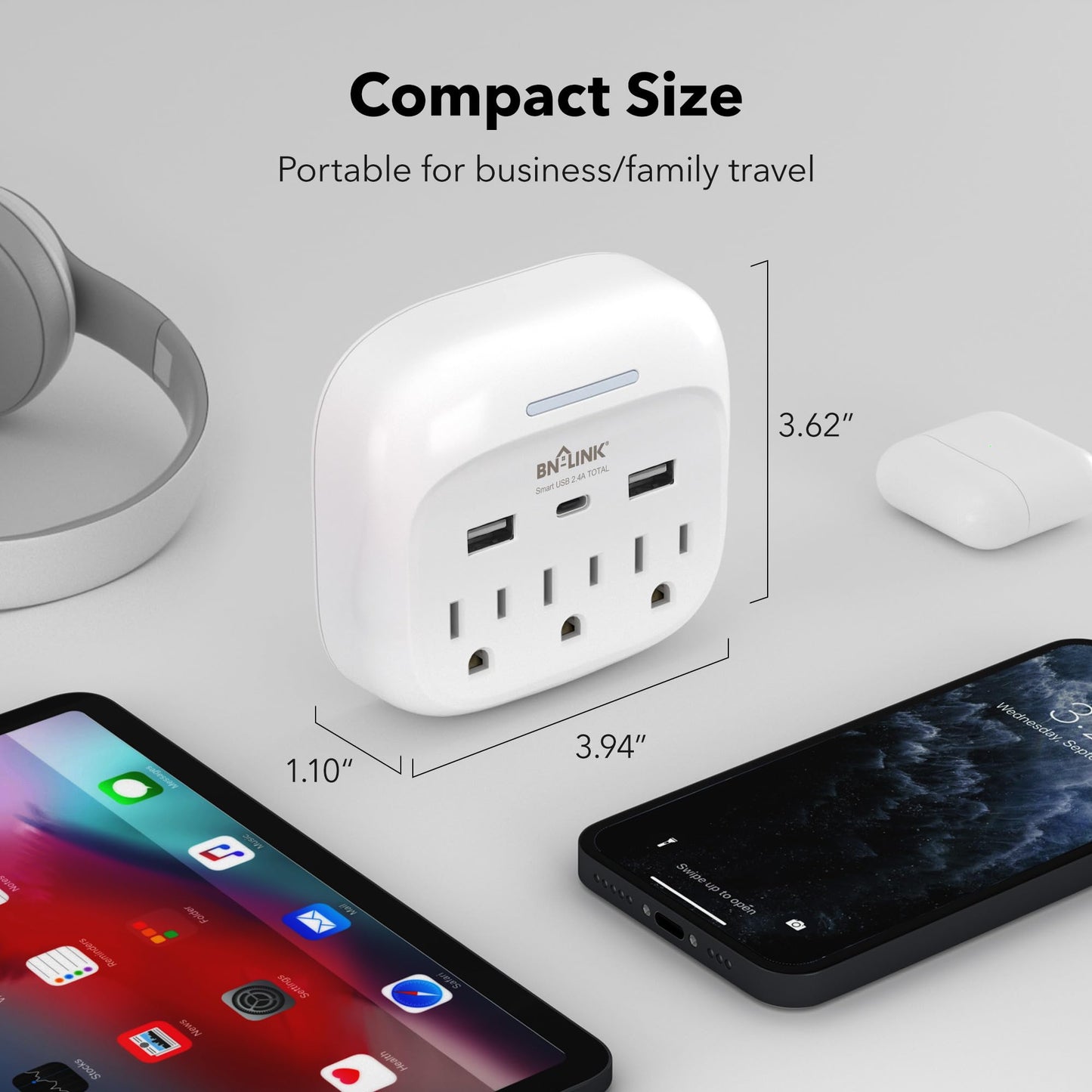 BN-LINK - Extensor de enchufe múltiple con USB, salida protectora de sobretensiones con 3 divisores de salida de CA y 3 puertos USB (1 USB C), toma de pared múltiple para recámara, escuela, viajes