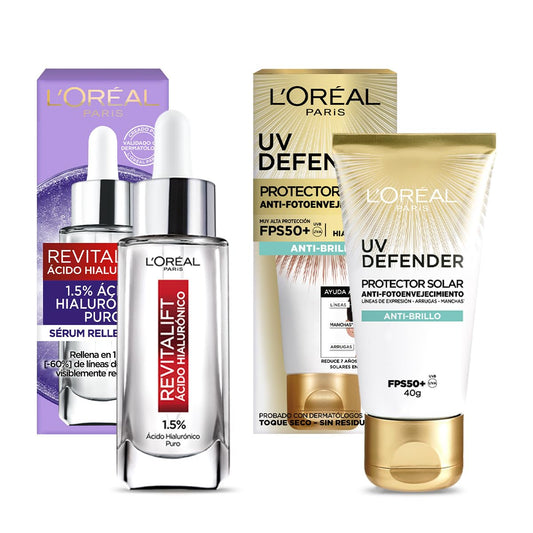 L'Oréal Paris Kit: Protector Solar Diario FPS50+ UV Defender Anti-Brillo + Sérum Rostro Revitalift Ácido Hialurónico