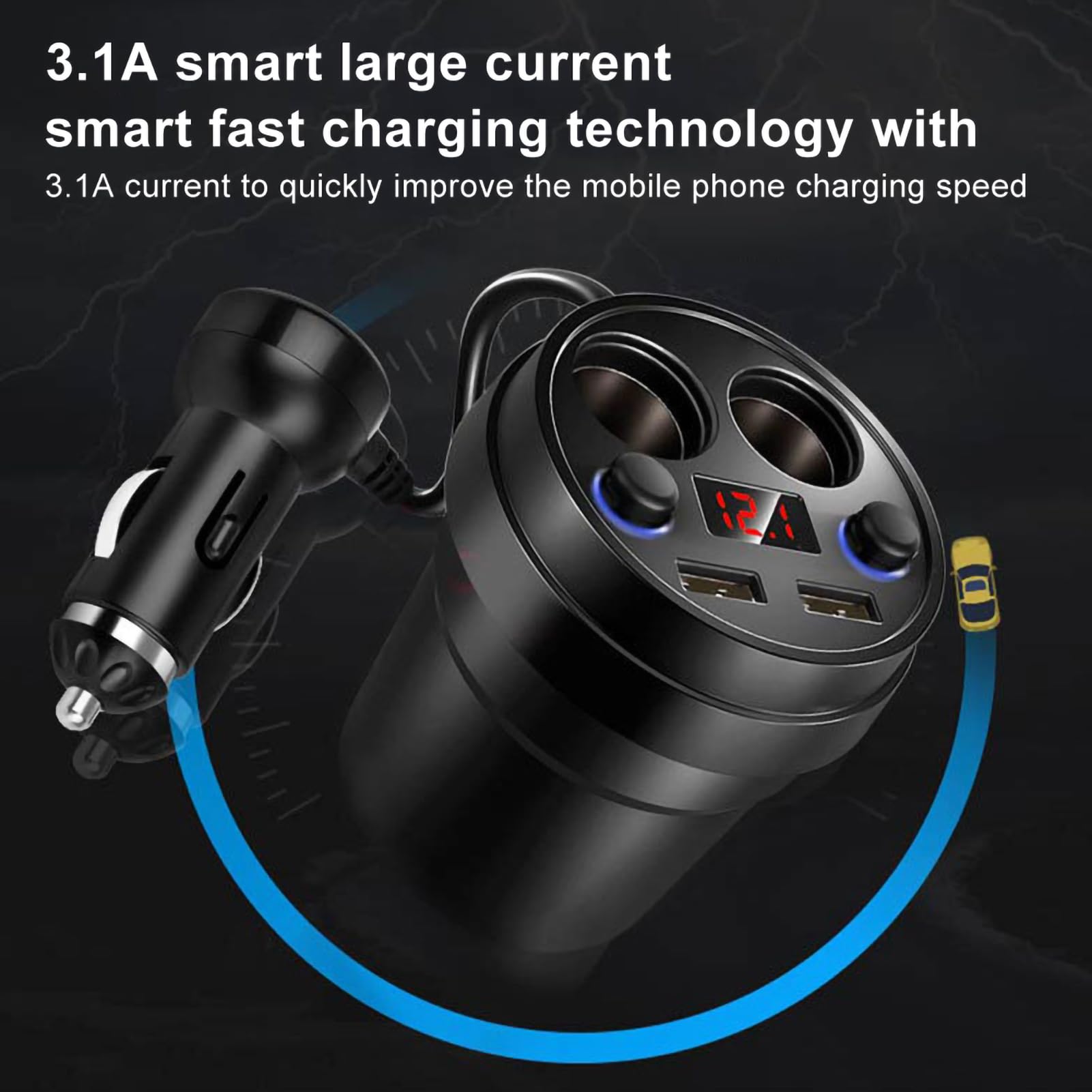 GOTOTOP Cargador de Teléfono para Automóvil de 120 W, Cargador de Automóvil Doble USB con Orificio para Encendedor de Cigarrillos, Monitoreo de Voltaje en Tiempo Real, TecnologíA de