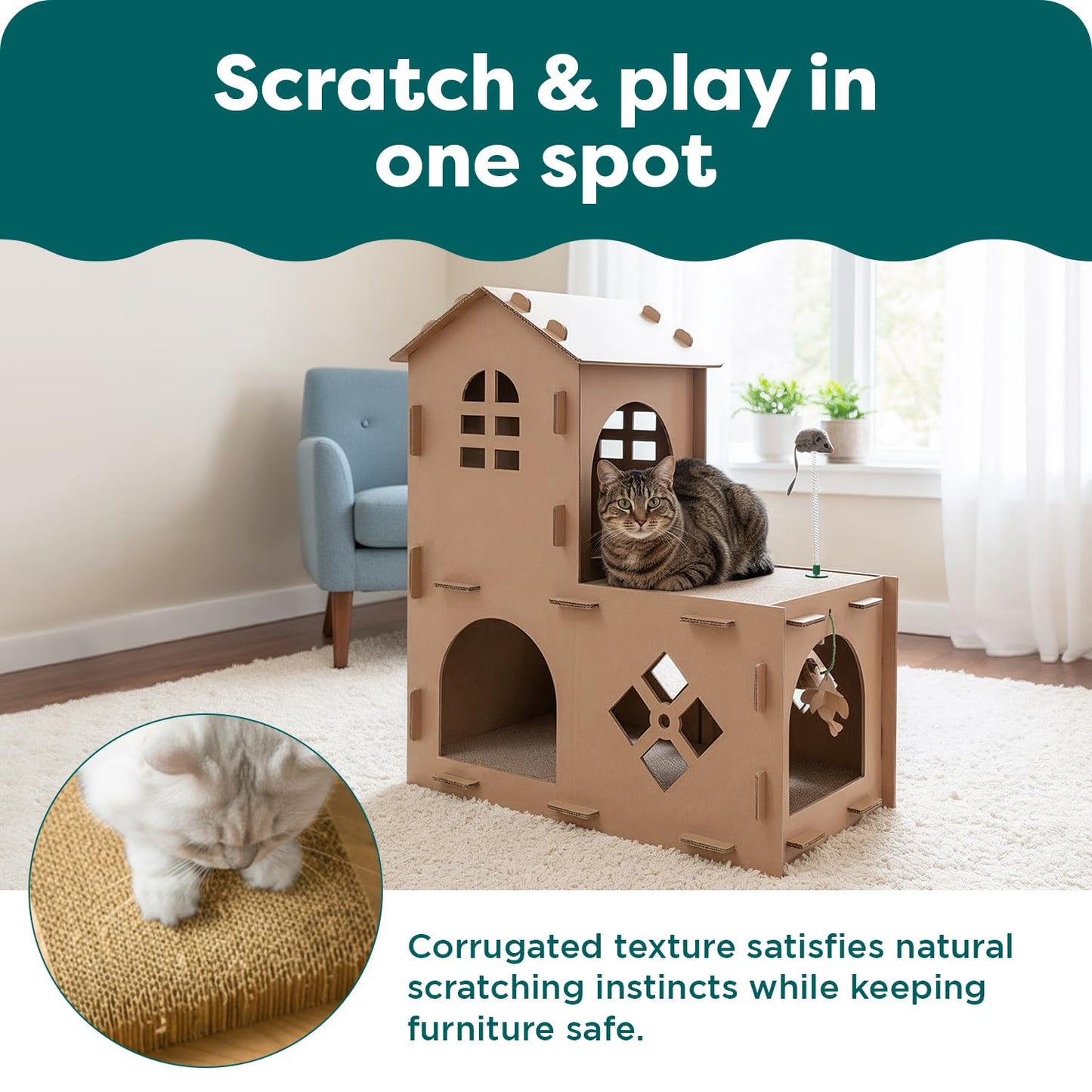 Furhaven Muebles para gatos – Tiger Tough Farmhouse Área de juegos Apartamento escondite corrugado Rascador para gatos y gatitos, cartón (marrón), talla única