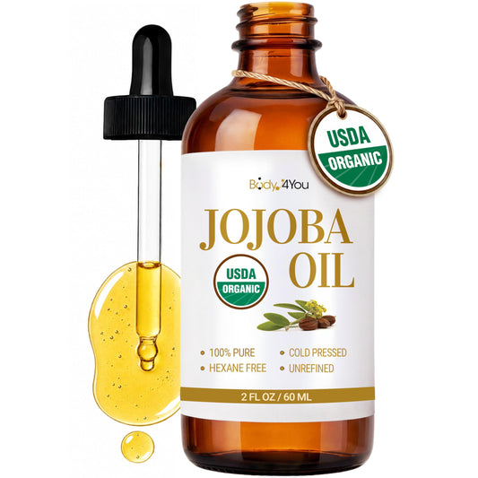 BodyJ4You Jojoba Oil - Organic USDA 100% Pure Natural - Moisturizing Oil Face, Hair, Skin Nails - Cold Pressed, Unrefined, Anti-Aging - Men Women All Skin Types - 2 Fl Oz