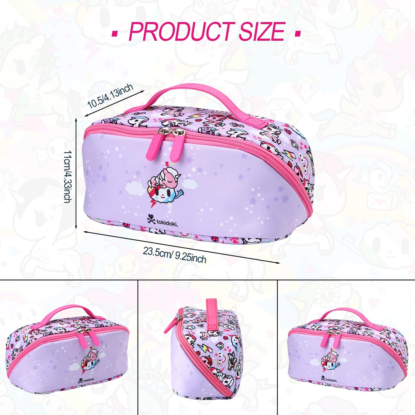 Tokidoki Unicorno - Bolsa de maquillaje de viaje para mujer, bolsa de cosméticos compacta y portátil, con divisor y asa, Rosa, Moda
