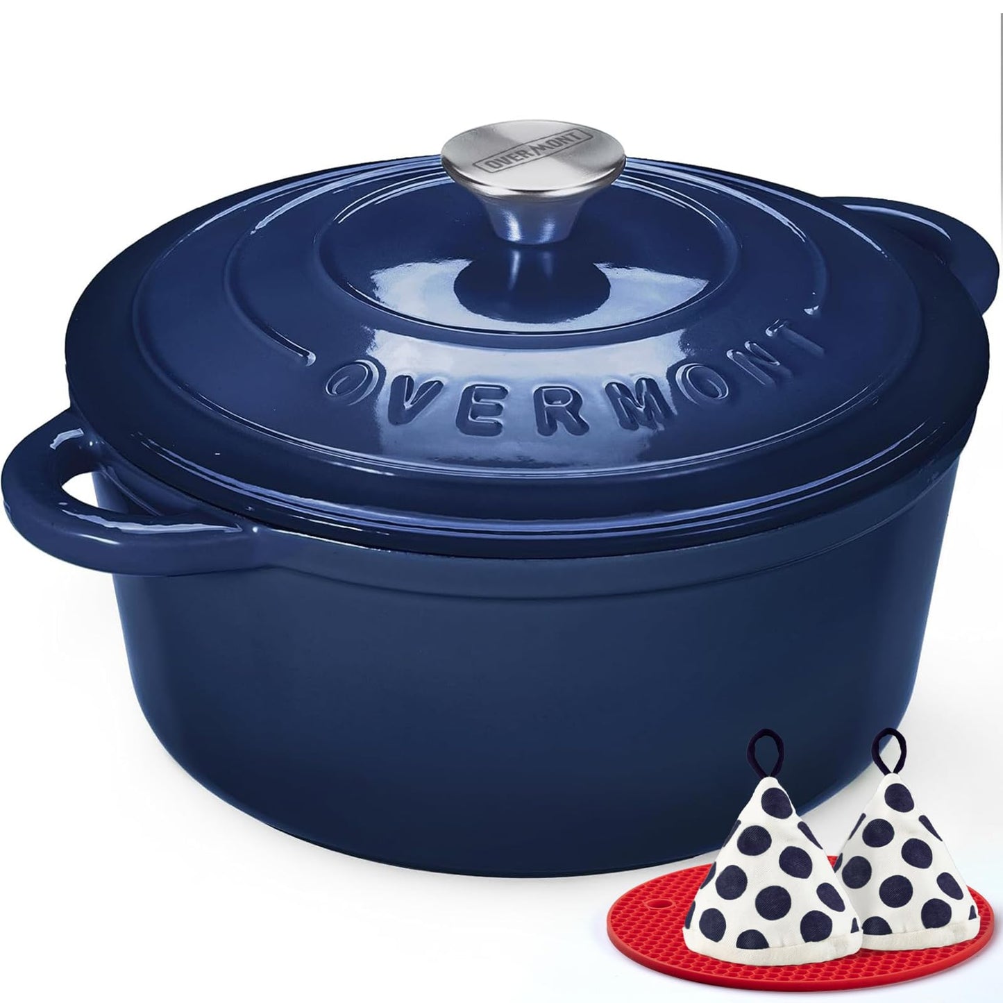 Overmont - Horno holandés de hierro fundido esmaltado, olla de 5.5 cuartos con tapa, libro de cocina y agarraderas de algodón, utensilios de cocina resistentes para estofar, guisos, asar, hornear pan