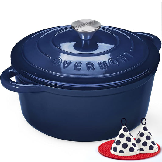 Overmont - Horno holandés de hierro fundido esmaltado, olla de 5.5 cuartos con tapa, libro de cocina y agarraderas de algodón, utensilios de cocina resistentes para estofar, guisos, asar, hornear pan