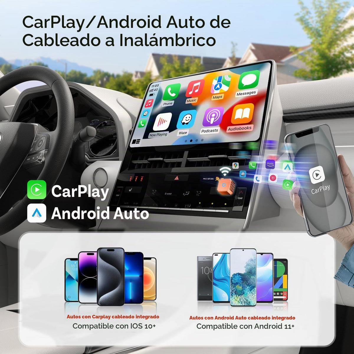 Adaptador Inalámbrico 2-en-1 OTTOCAST 2025 Mini 3.0 para CarPlay y Android Auto